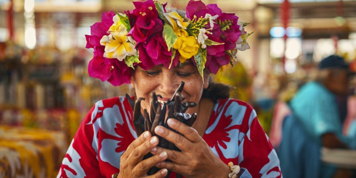 french polynesia flower crown and vanilla